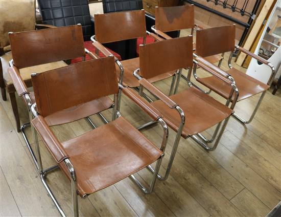 Six chrome and leather elbow chairs